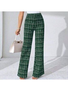Dark Green Elegant Women's Plaid Printed Pants